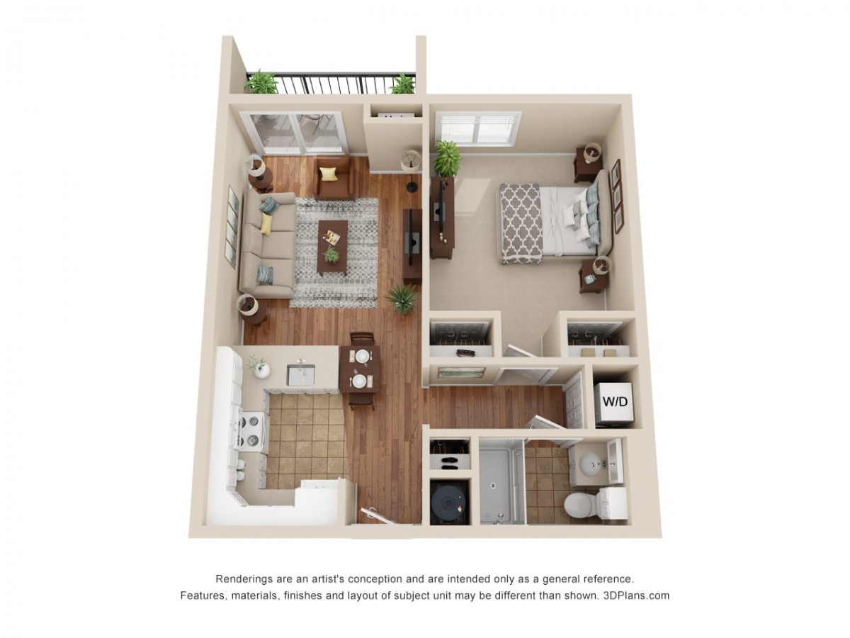 A 3D floor plan of a one-bedroom apartment featuring a living room, kitchen, dining area, bathroom, and balcony.