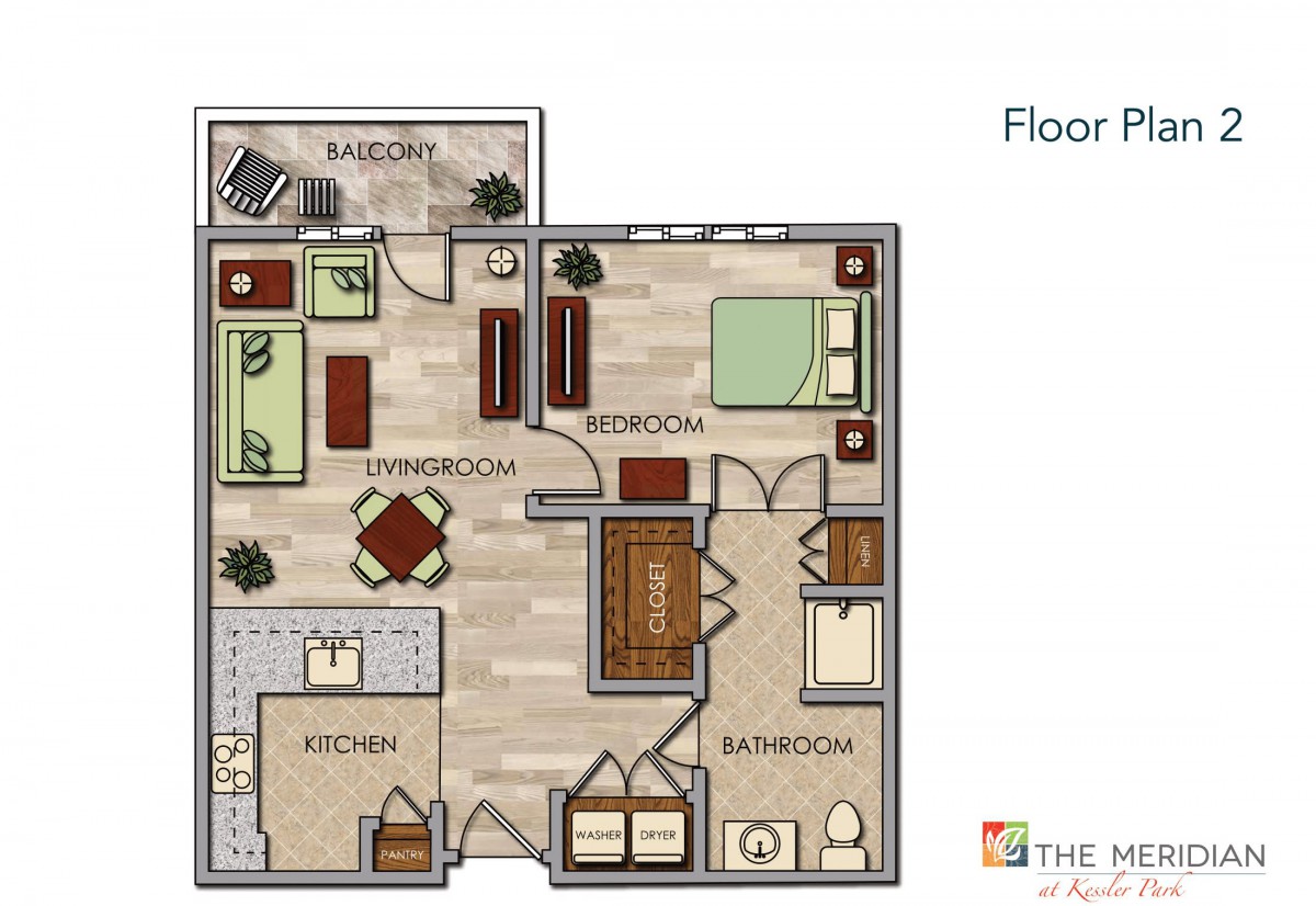 A floor plan of a one-bedroom apartment featuring a living room, kitchen, bathroom, and balcony.