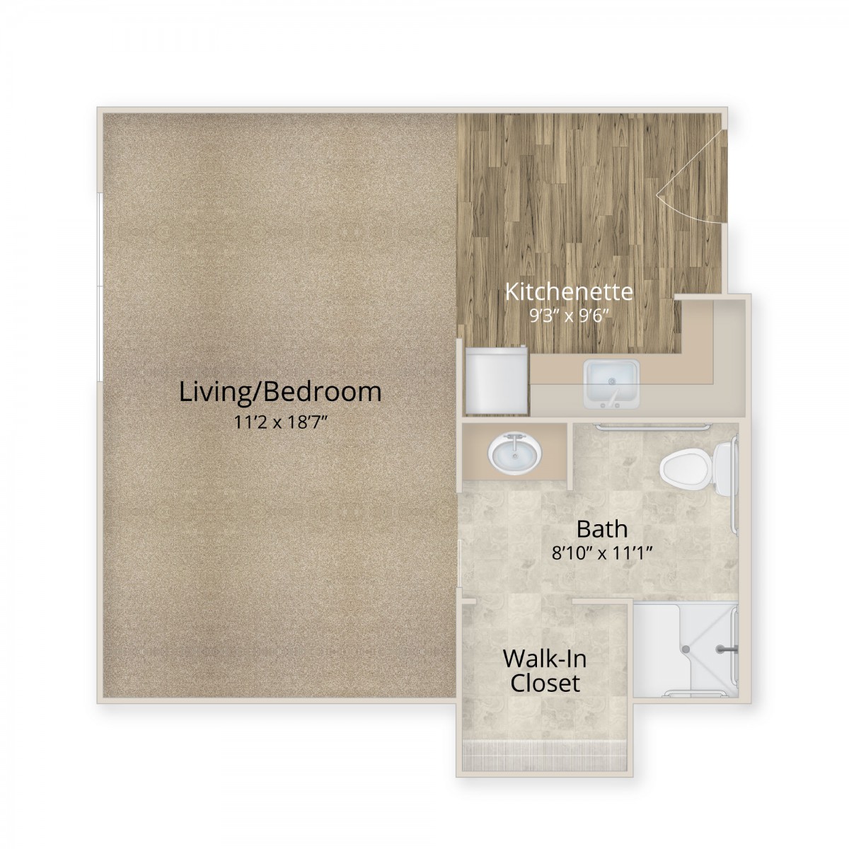 Studio apartment floor plan with living area, bathroom, kitchen, and walk-in closet.
