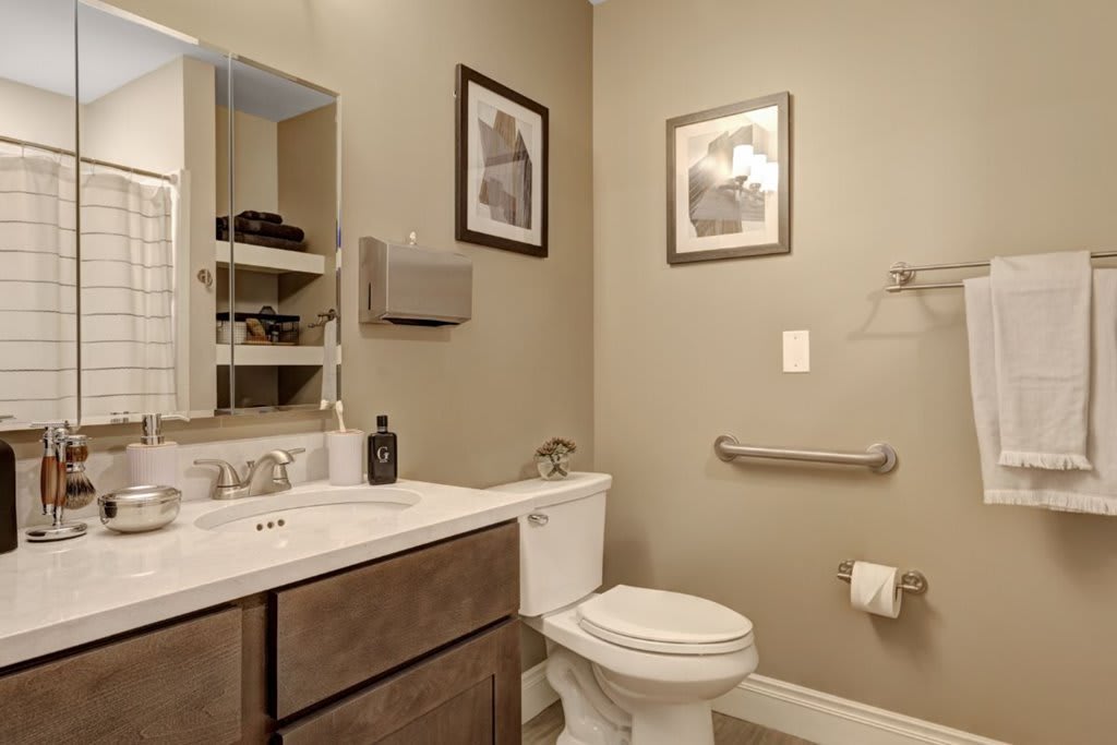 A modern bathroom with a sink, toilet, and decorative wall art.