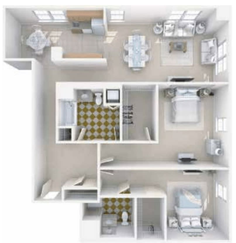 A detailed floor plan of an apartment showing the arrangement of rooms and furniture.