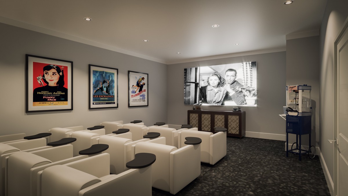 A luxurious home theater with comfortable seating, a large projector screen, and classic movie posters on the walls.