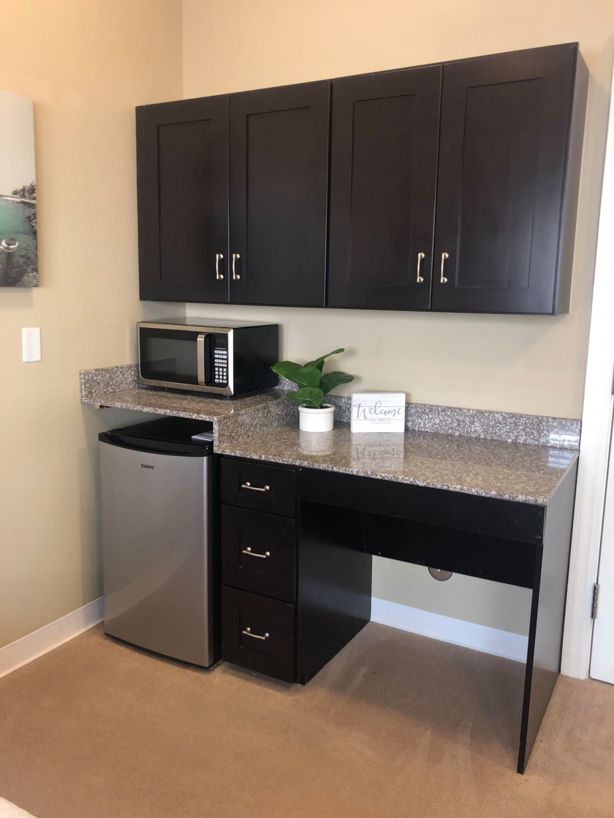 A small kitchenette area with dark cabinets, a microwave, and a mini fridge.