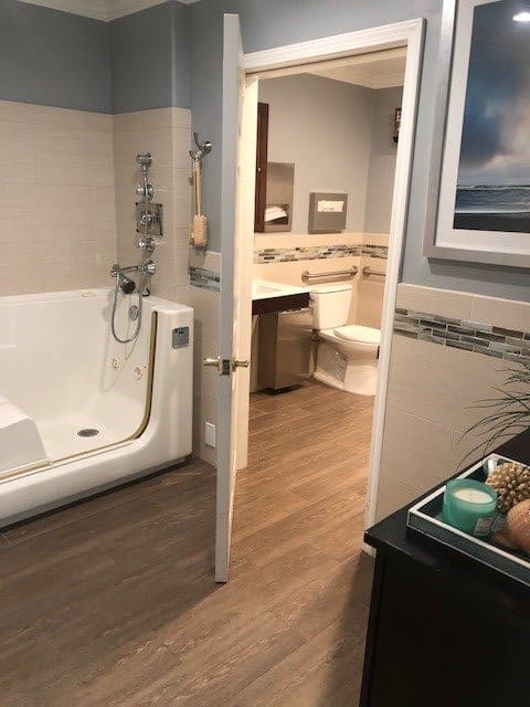 A modern bathroom featuring an accessible bathtub and toilet.