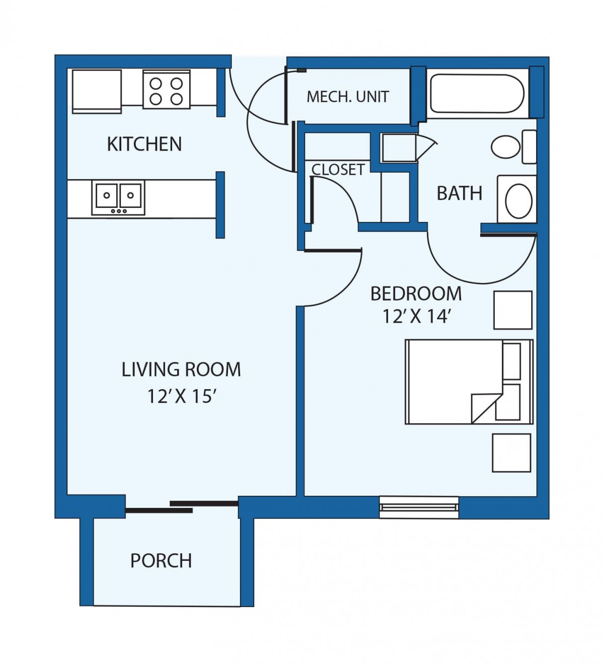 A floor plan of a one-bedroom apartment with a kitchen, living room, and bathroom.