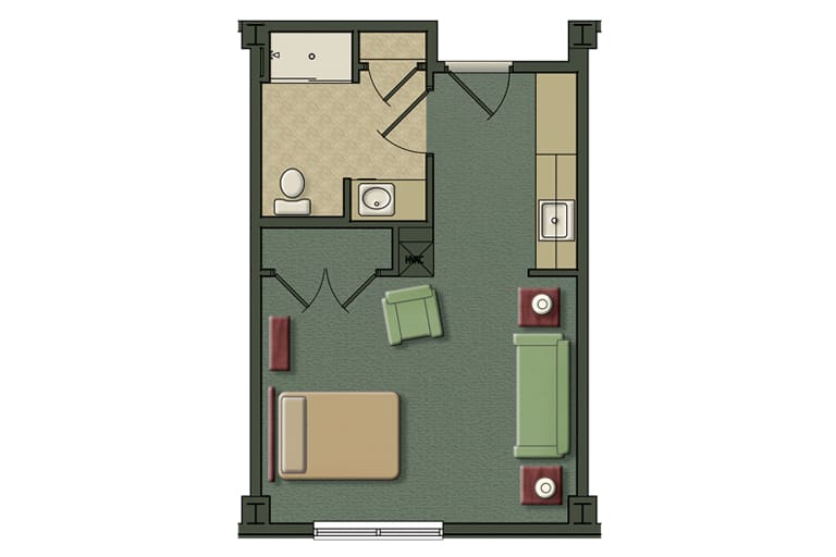 Studio apartment floor plan with a single bedroom, living area, and bathroom.