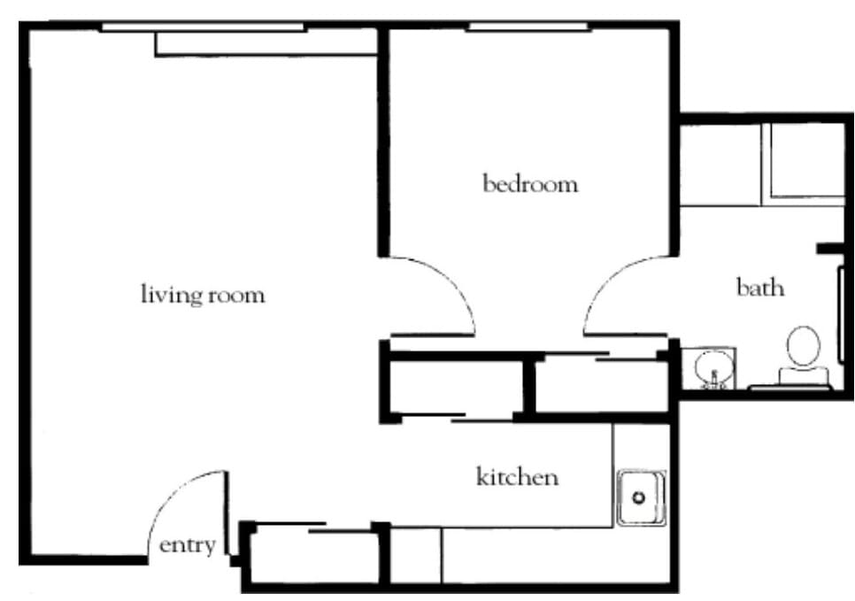 A simple floor plan of a one-bedroom apartment including a living room, kitchen, and entry area.
