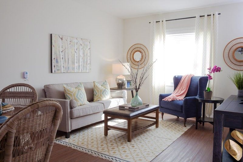 A cozy and stylish living room with a sofa, armchair, and decorative elements.