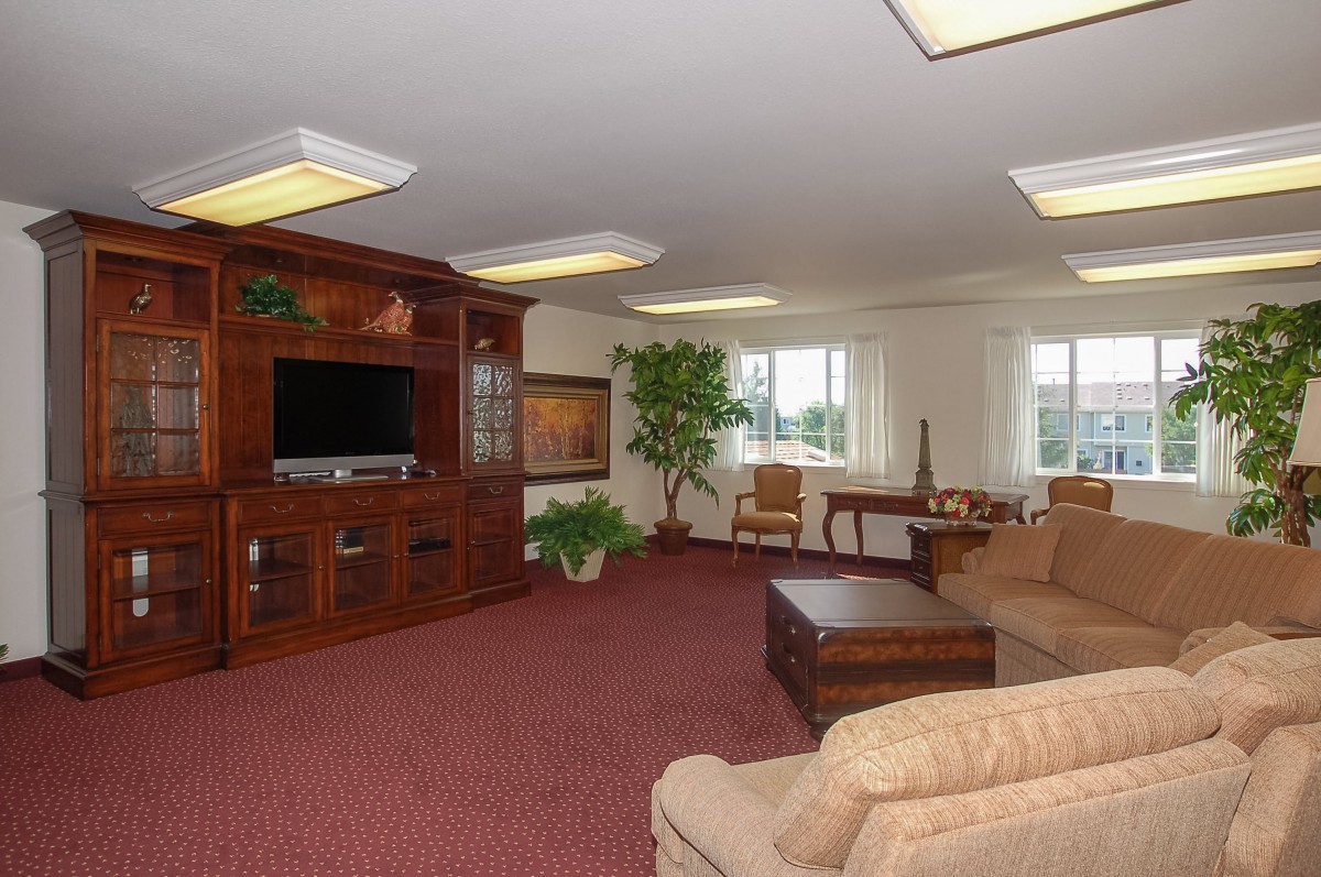 A spacious living room with comfortable sofas, a wooden entertainment center with a TV, and ample natural light from the windows.