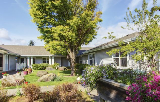 A charming residential house surrounded by a lush garden and trees on a sunny day.