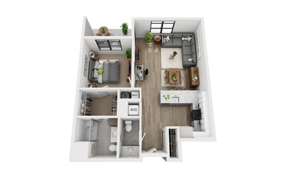 3D floor plan of a modern one-bedroom apartment.