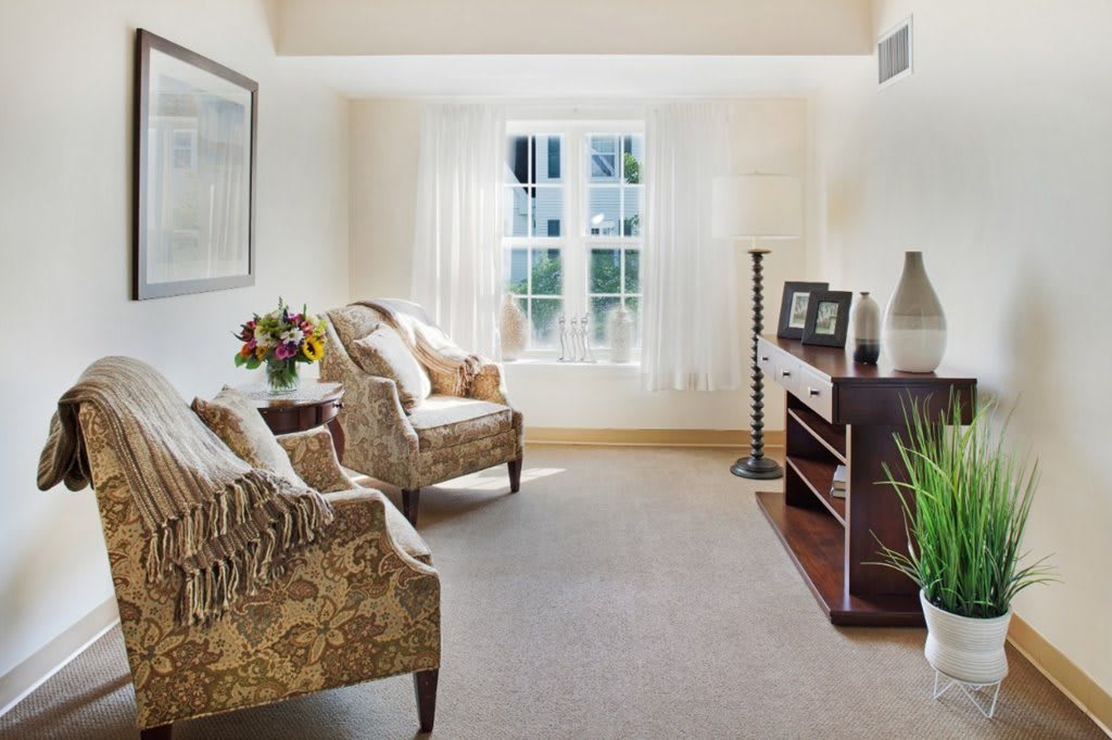 A cozy living room with armchairs and ample natural light streaming through a window.