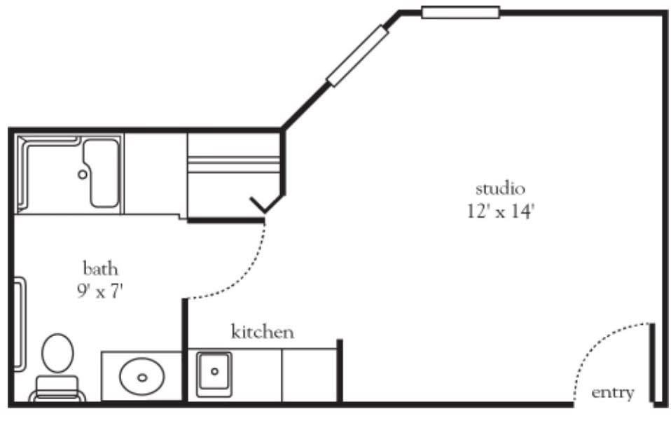 Floor plan of a studio apartment with kitchen area.