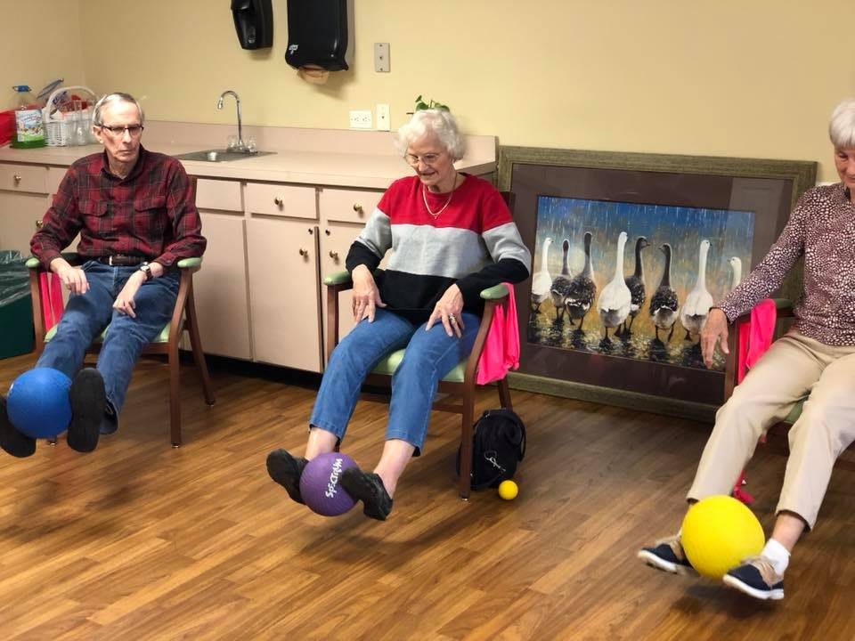 A group of elderly individuals participating in an indoor exercise session.