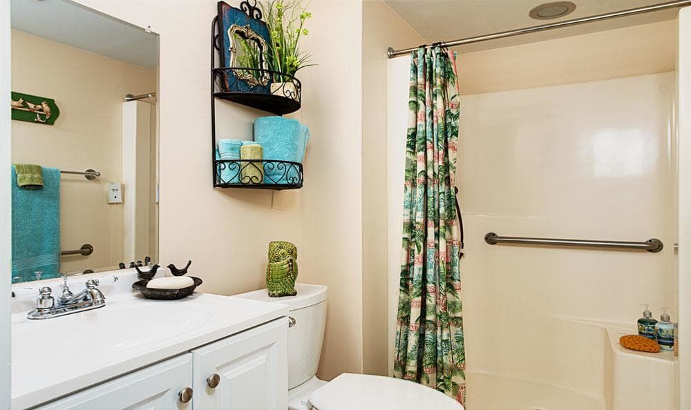 A neatly organized bathroom with a floral shower curtain and decorative shelving.