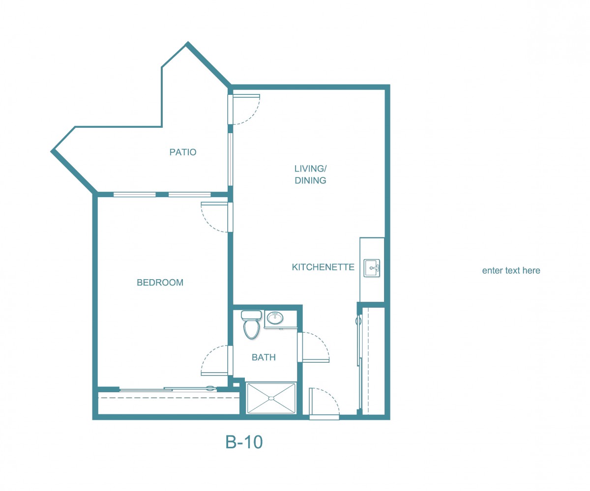 One-bedroom apartment floor plan with living area, kitchen, and bathroom.
