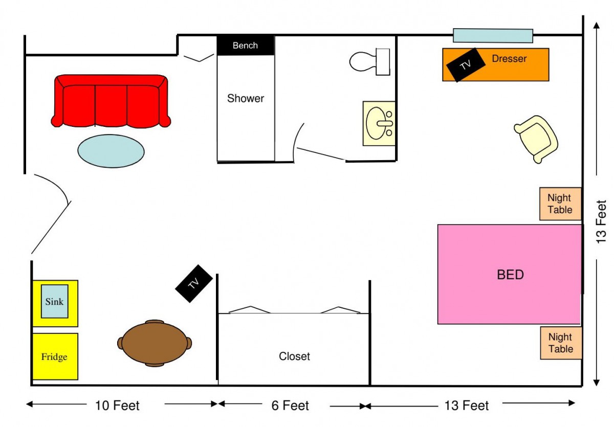 A simple floor plan illustrating the layout of a bedroom, bathroom, and living area.