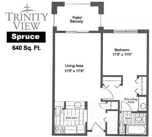 Floor plan of a 640 sq ft apartment at Trinity View, including living area, bedroom, and balcony.