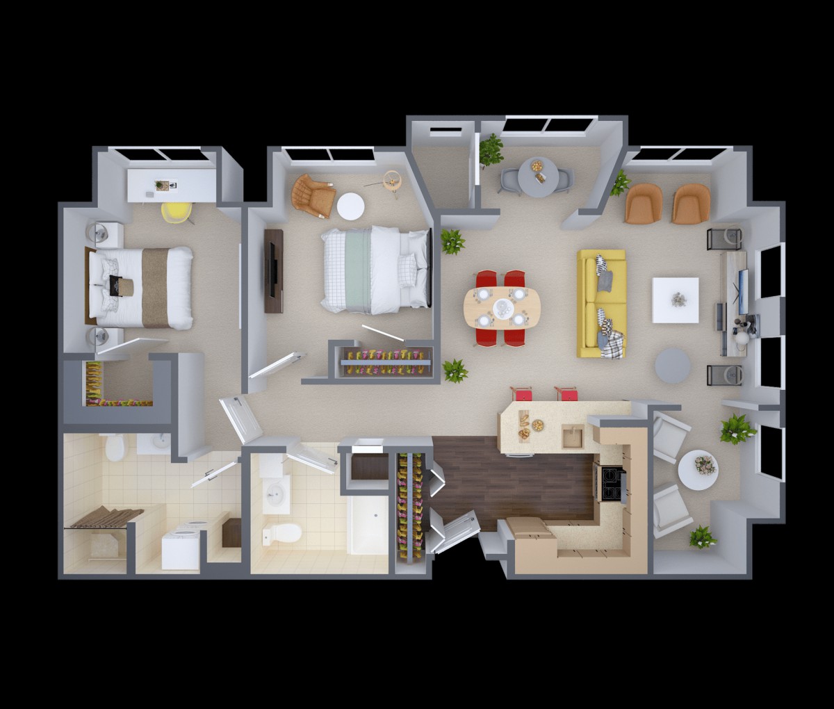 A 3D-rendered floor plan of an apartment, showcasing the layout of various rooms and living spaces.