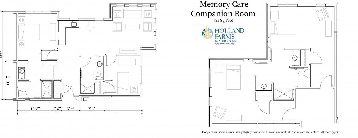 Floor plan for a Memory Care Companion Room at Holland Farms, measuring 350 square feet.