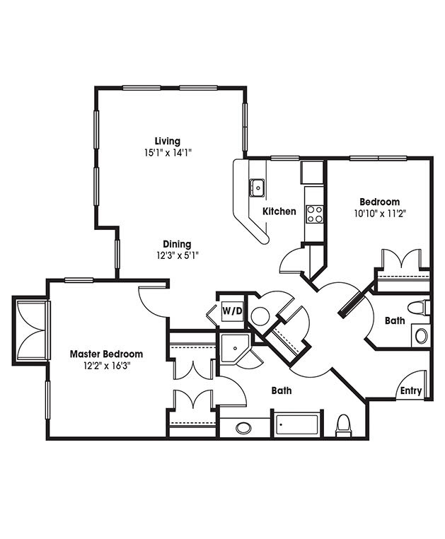 Floor plan of a residential unit with living, dining, kitchen, two bedrooms, and two bathrooms.