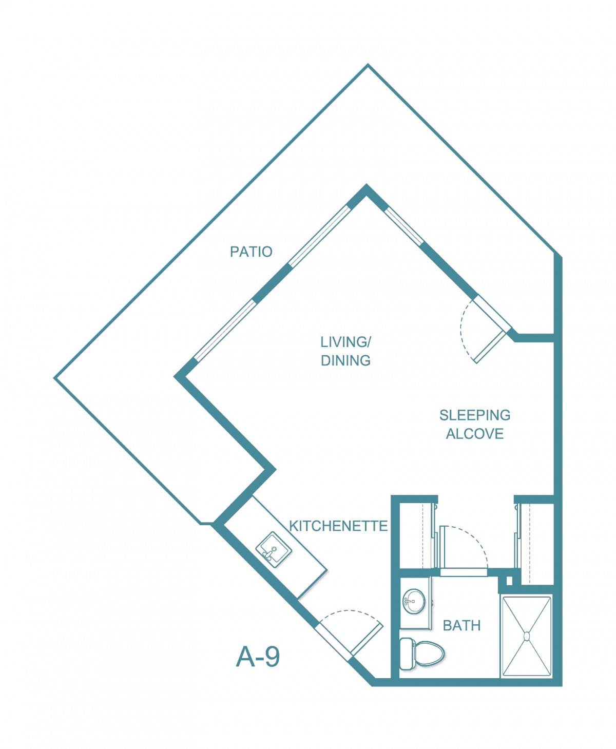 A floor plan of a small apartment, showing a kitchen, living/dining area, sleeping alcove, bathroom, and patio.