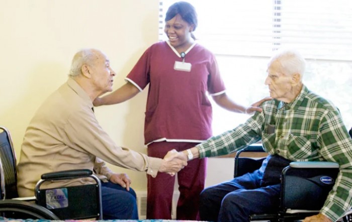 Two elderly individuals sharing a handshake, accompanied by a caregiver in a nursing home setting.