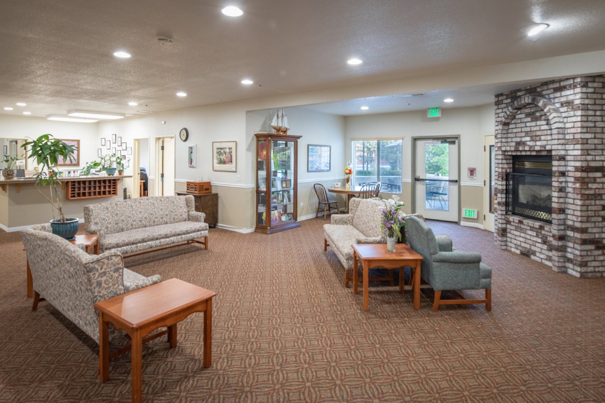 A spacious lobby area with seating arrangements and decor.