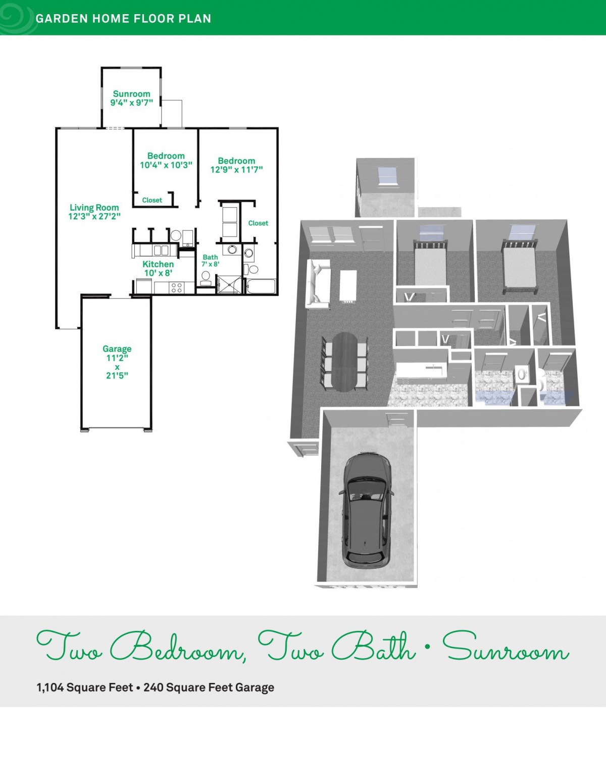 A detailed floor plan and 3D model of a two-bedroom, two-bathroom house layout.