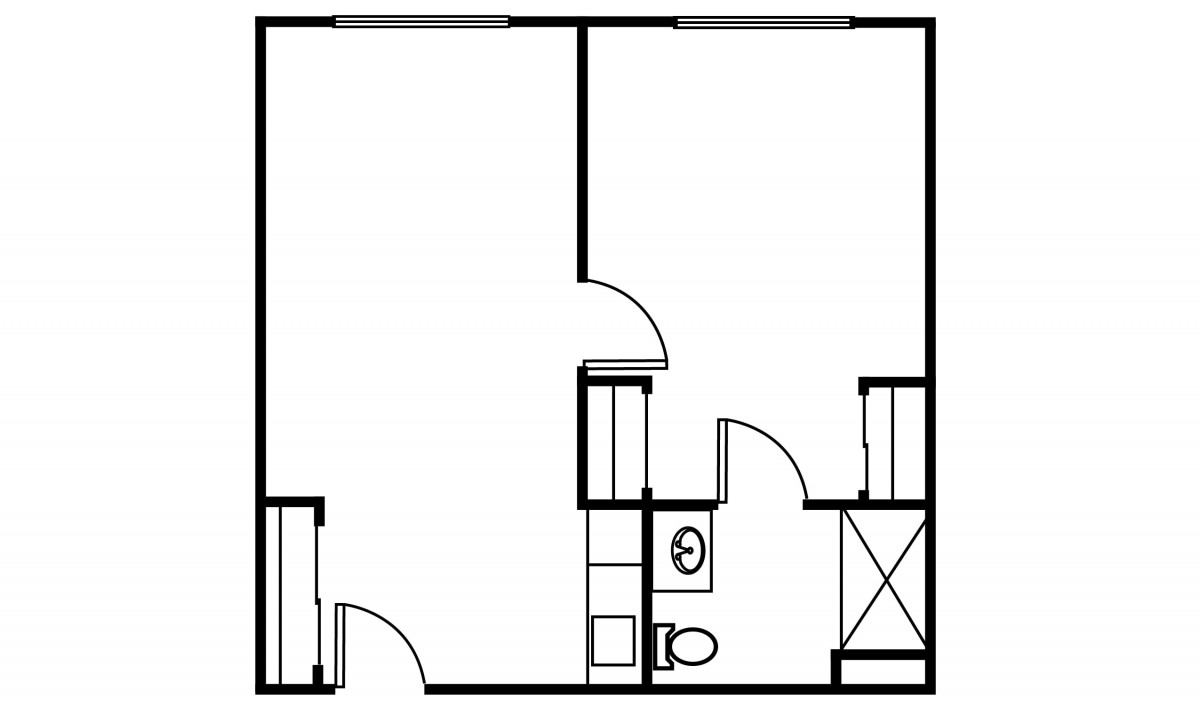 A simple floor plan of an apartment with a bathroom, kitchen, and living space.