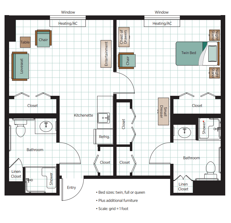 A floor plan of a two-bedroom apartment with two bathrooms, a kitchen, and a living area.