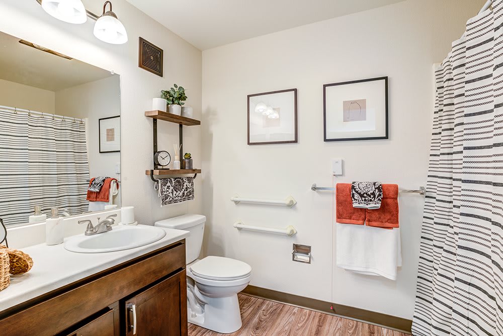 A modern bathroom with a sink, toilet, and decorative elements.