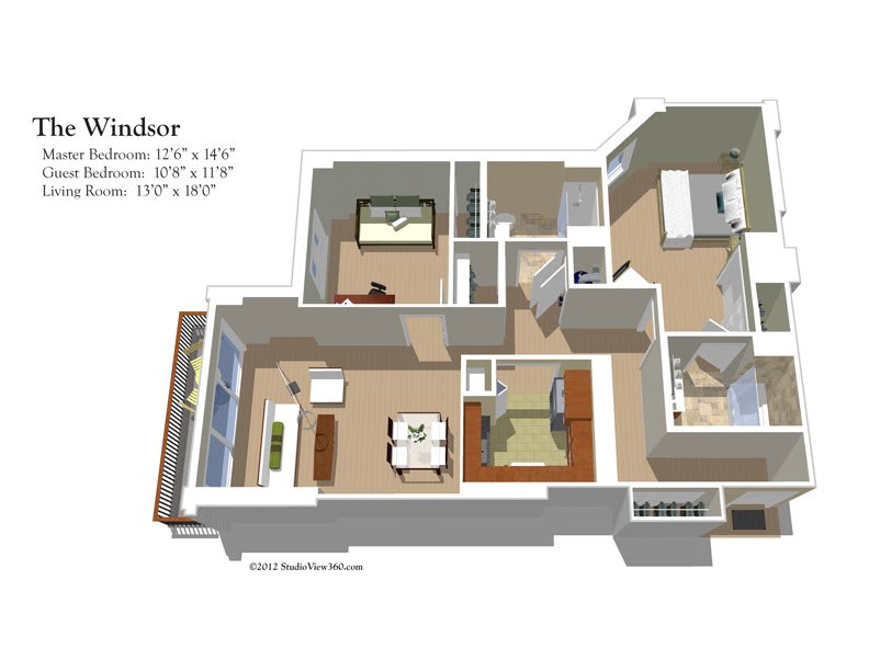 3D floor plan of an apartment with detailed room dimensions.
