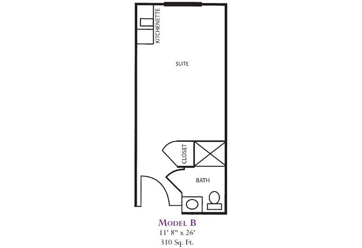 Floor plan of Model B studio apartment, measuring 11' 8'' x 30' with a total area of 330 sq. ft.