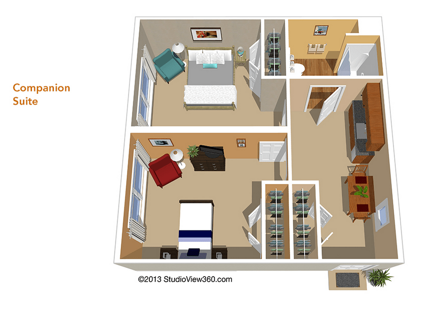 A detailed 3D floor plan of a small apartment featuring a bedroom, bathroom, living area, and kitchen.