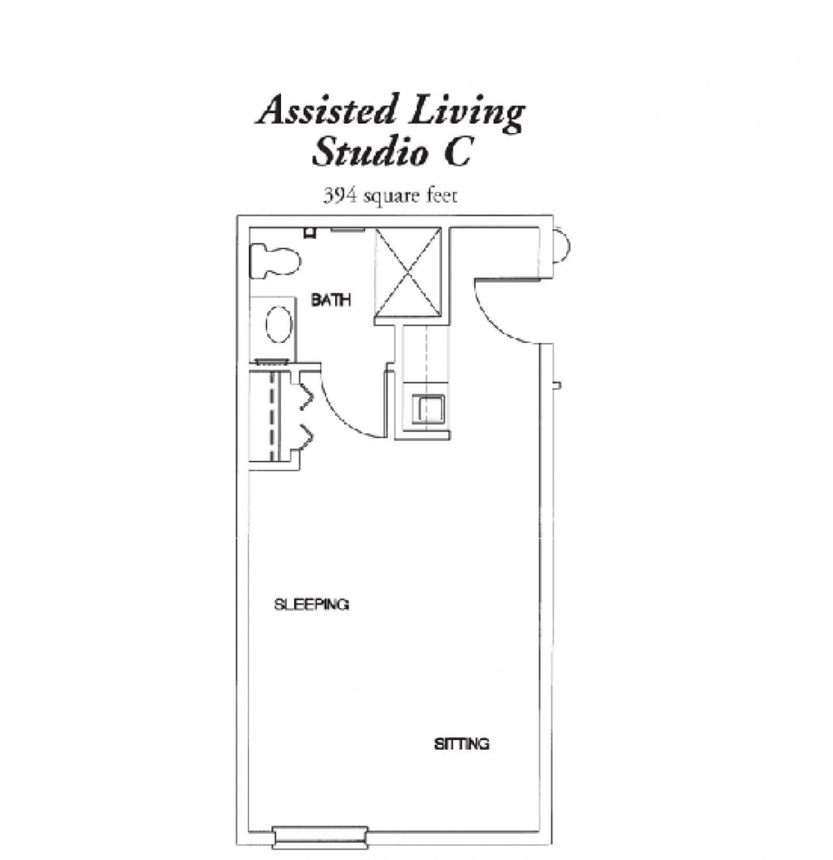 Assisted Living Studio C floor plan with a compact layout featuring essential amenities.