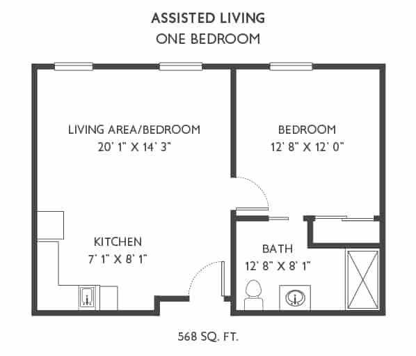 Floor plan of a one-bedroom assisted living apartment.