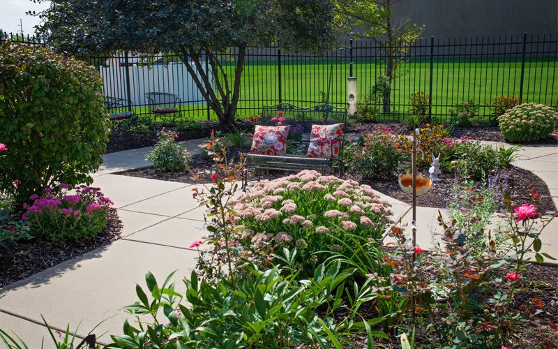 A beautifully landscaped backyard garden with colorful flowers and outdoor seating.