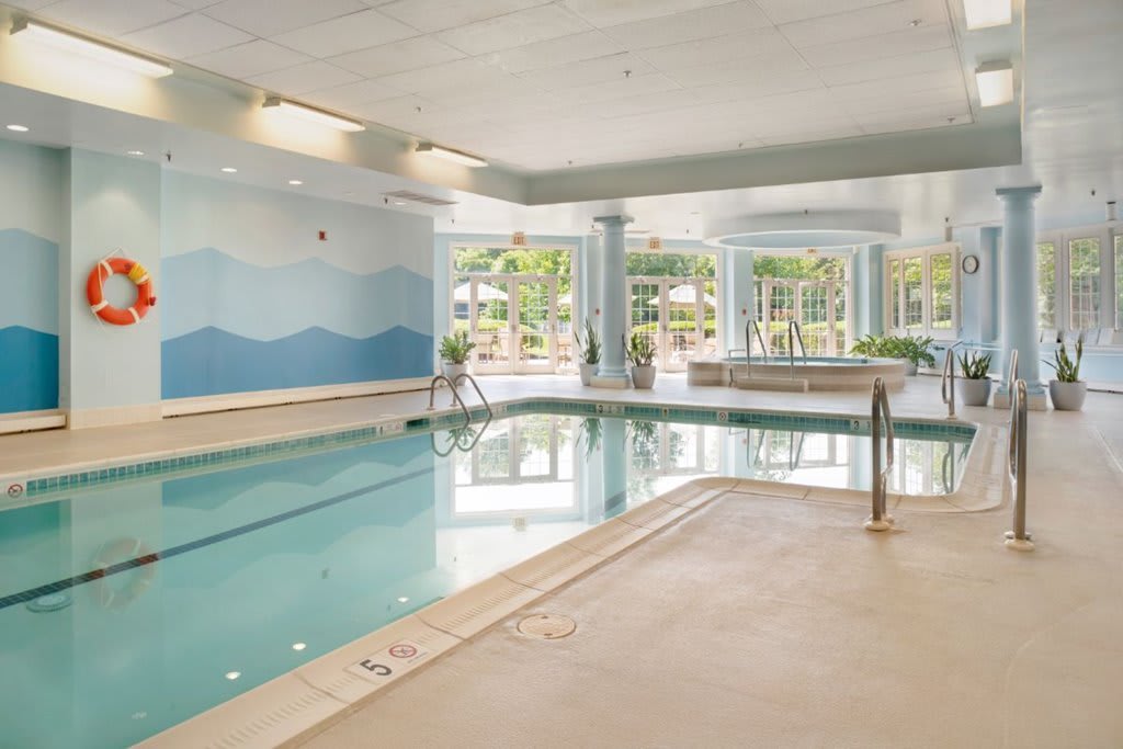 A modern indoor swimming pool with large windows and natural lighting.
