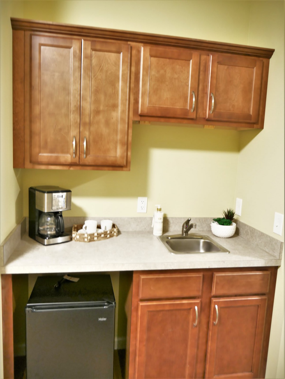 A compact kitchenette with wooden cabinets, a countertop featuring a coffee maker, sink, and a mini fridge below.