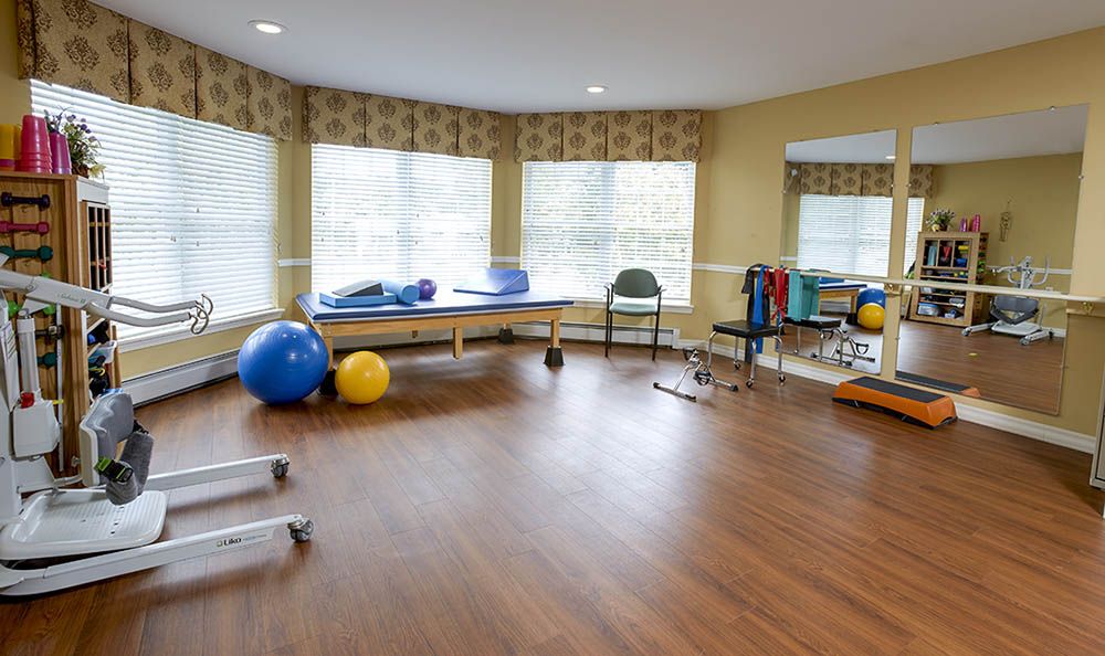 A well-lit fitness room equipped with various exercise equipment and yoga balls.