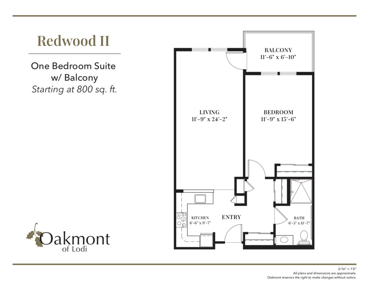Redwood II one-bedroom suite with balcony, measuring at 800 square feet.