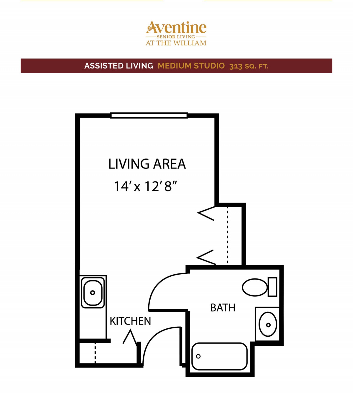 Studio apartment floor plan with living area, kitchen, and bathroom layout.