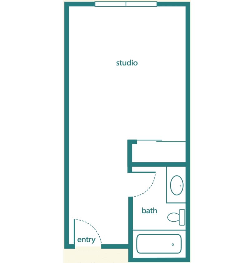 Studio apartment floor plan with a bathroom and entryway.
