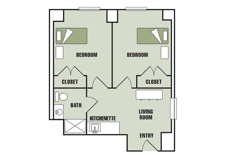 This is a floor plan of a two-bedroom apartment with a living room, kitchenette, and shared bath.
