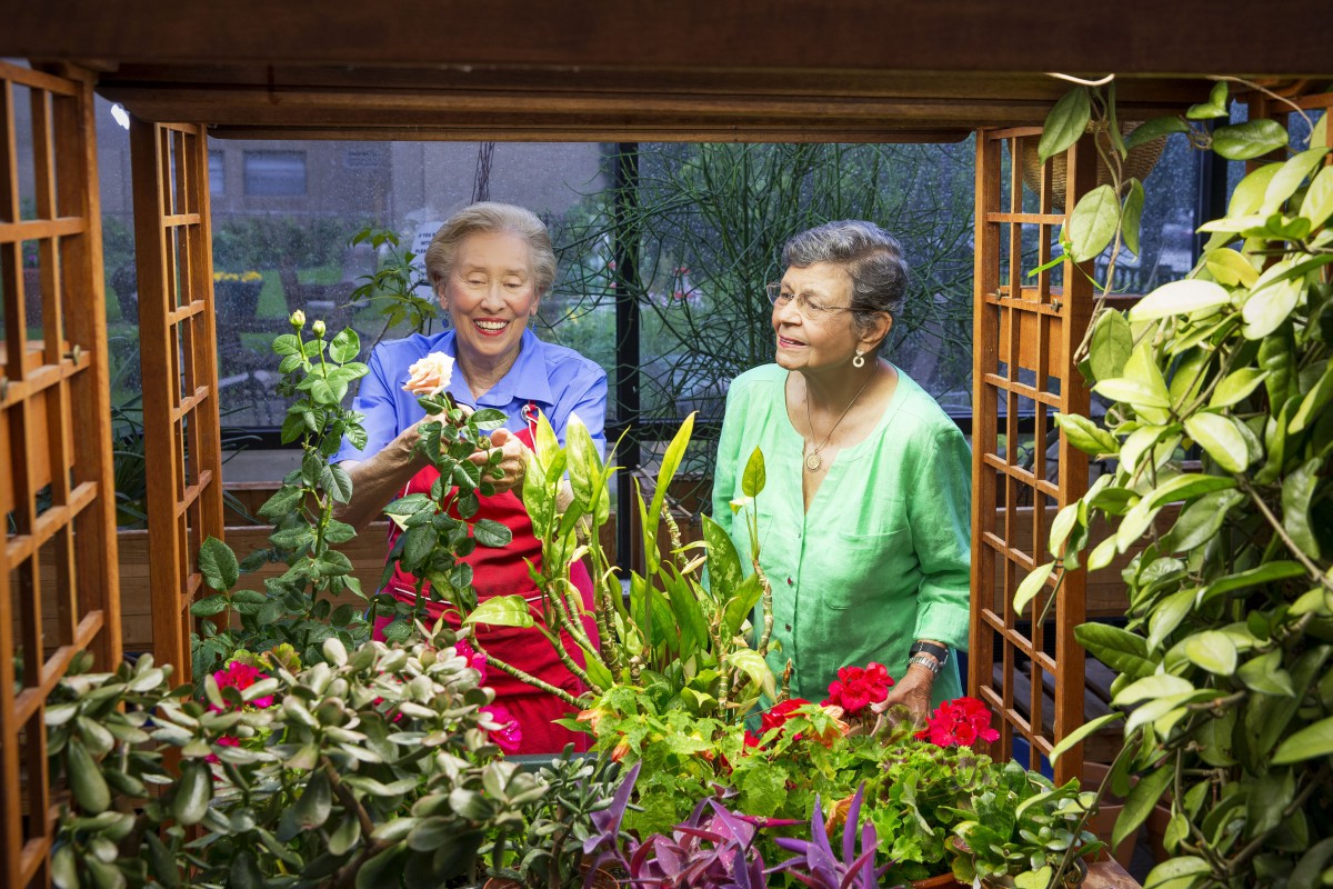 Two women enjoying their indoor garden filled with vibrant flowers and plants.