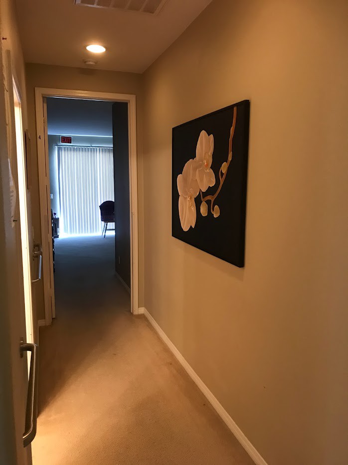 A hallway with a modern abstract painting on the wall and a glimpse of natural light from a distant room.