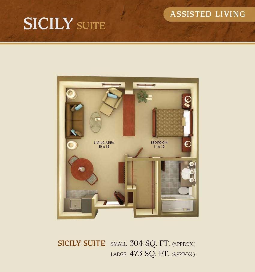 Floor plan of the Sicily Suite in assisted living, featuring a one-bedroom layout with a living area.