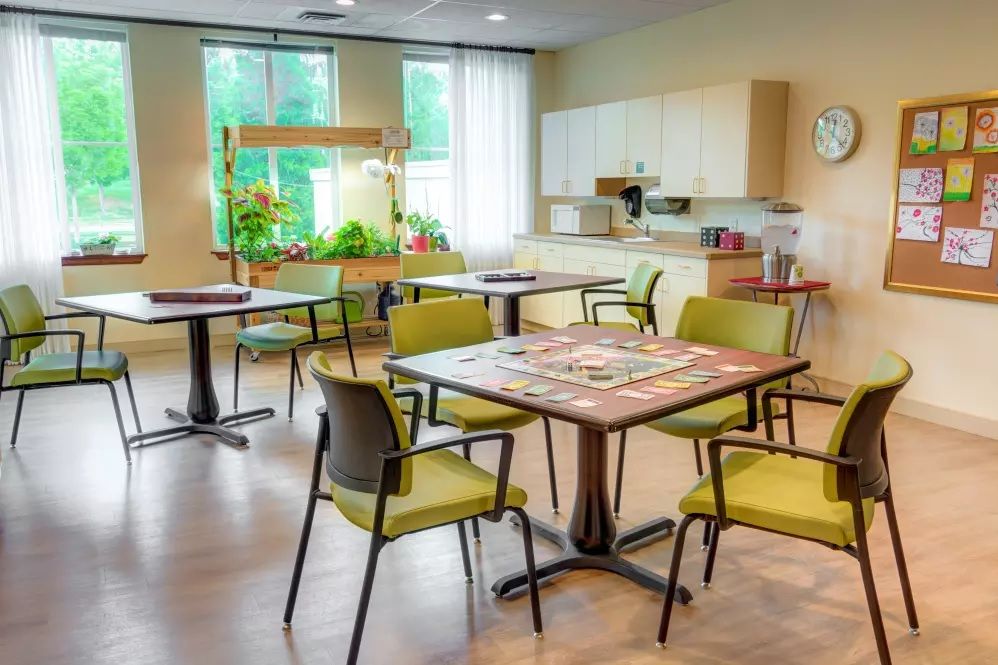 A cozy dining area with modern furniture, indoor plants, and ample natural light.