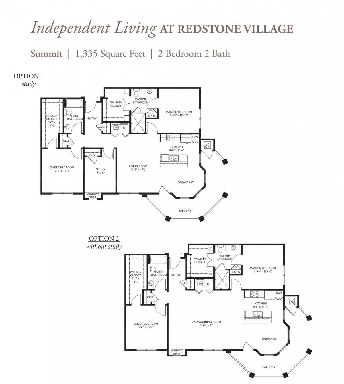Floor plans for independent living at Redstone Village, featuring a 3,239 square foot layout with 2 bedrooms and 2 baths.